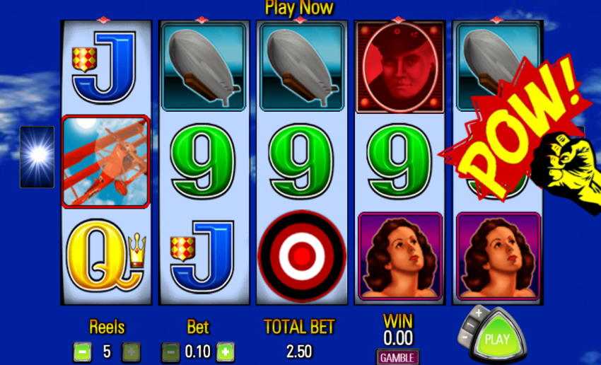 Red Baron pokie theme – WWI aviation artwork with biplane and period-authentic symbols